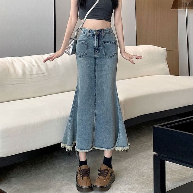 Washed Midi Denim Fray Waist Mermaid Skirt High