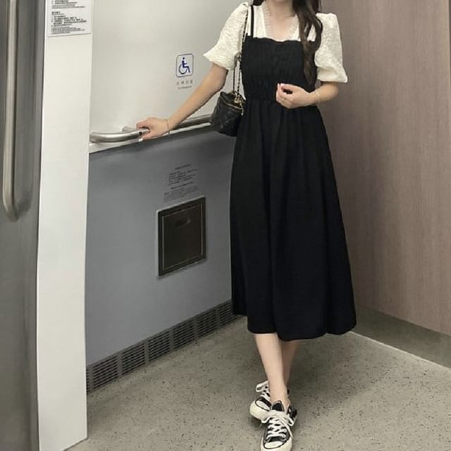 Mock Two Puff A-Line Ruched Sleeve Dress V-Neck Piece Midi