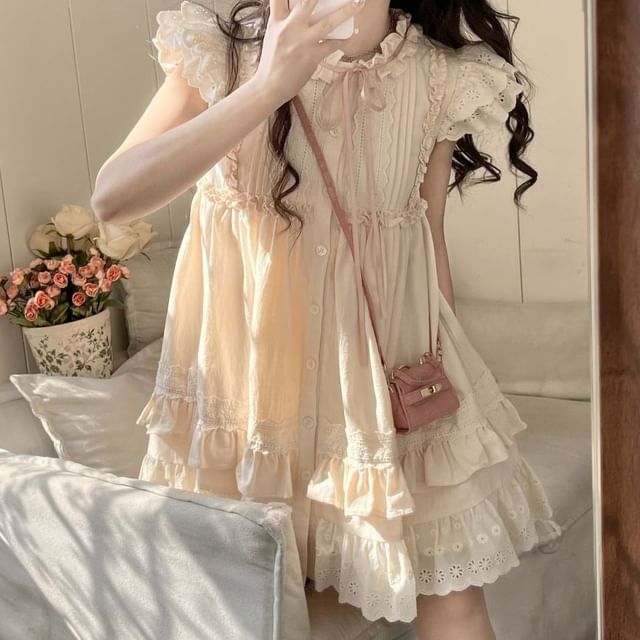 Neck Embroidered Round A-Line Sleeve Ruffle Dress Bow Mini Cap