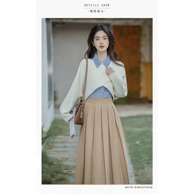 Long-Sleeve Plain Crop Top / Striped Shirt / High Waist Maxi A-Line Pleated Skirt / Set