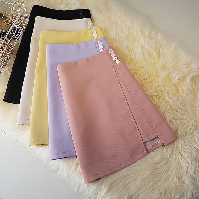 Button A-Line Skirt Plain Waist High Panel Mini