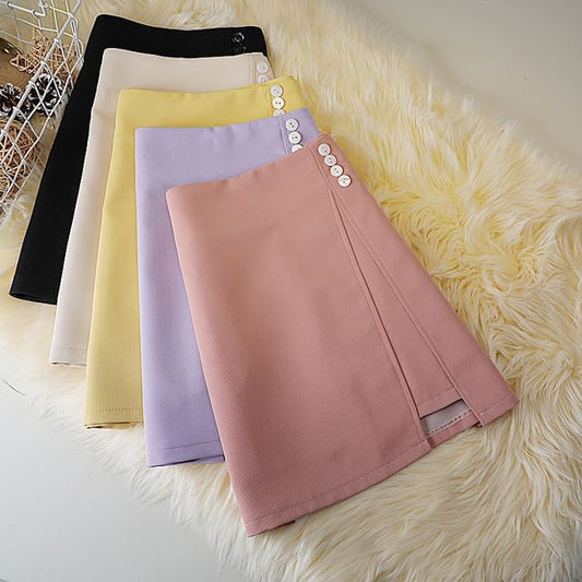 Button A-Line Skirt Plain Waist High Panel Mini