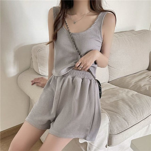 Waist Elastic Set: Tank Scoop Plain Shorts Sweat Neck + Top