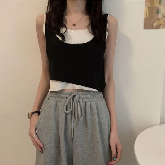 Piece Neck Top Tank Two Scoop Mock Knit