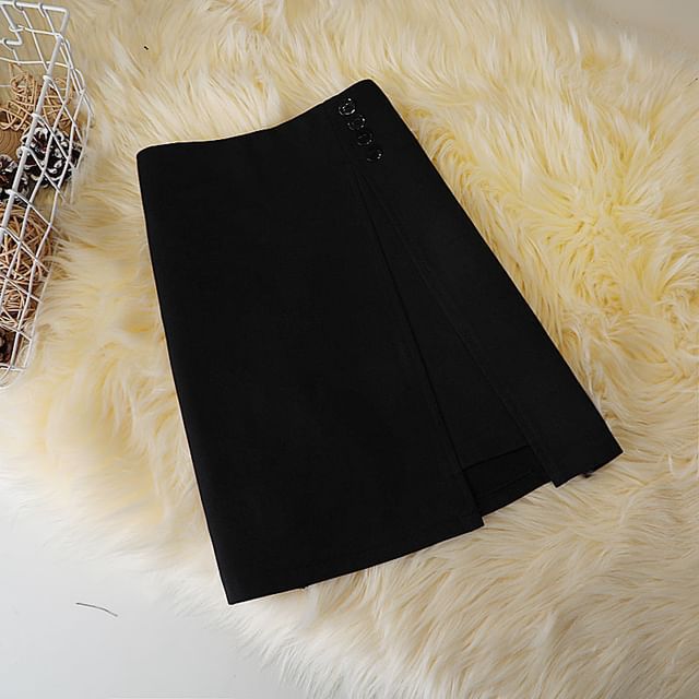 Button A-Line Skirt Plain Waist High Panel Mini