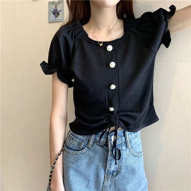 Square Top Plain Drawstring Knit Short-Sleeve Pearl Neck Faux Button