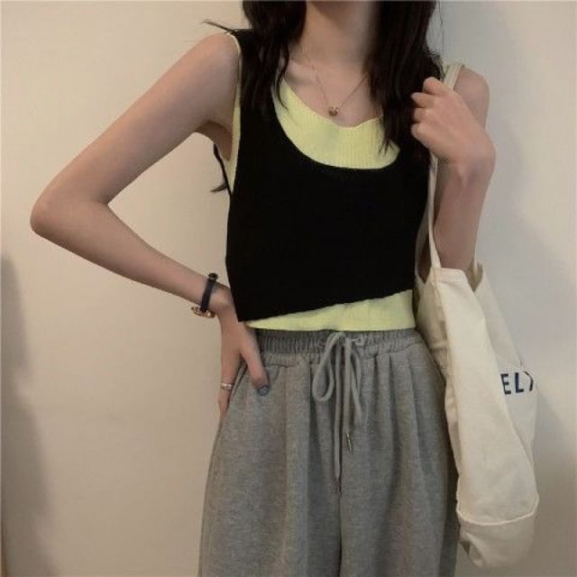 Piece Neck Top Tank Two Scoop Mock Knit