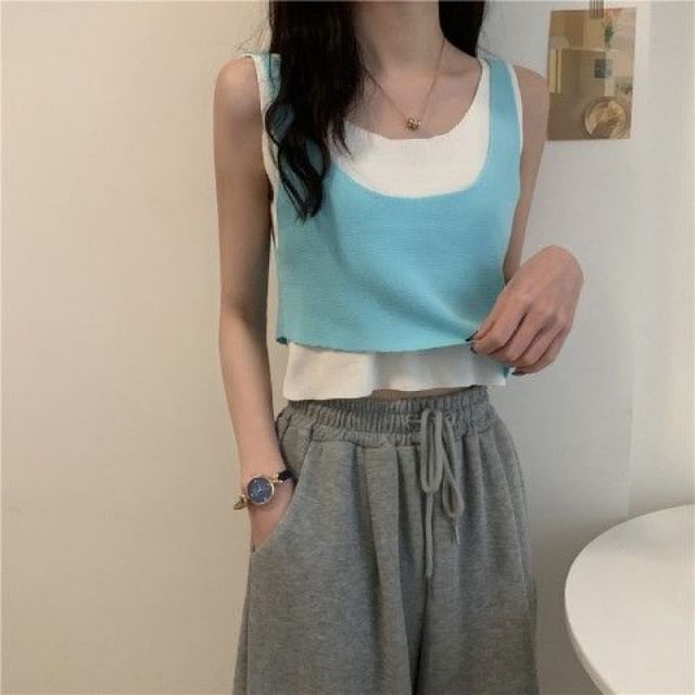 Piece Neck Top Tank Two Scoop Mock Knit