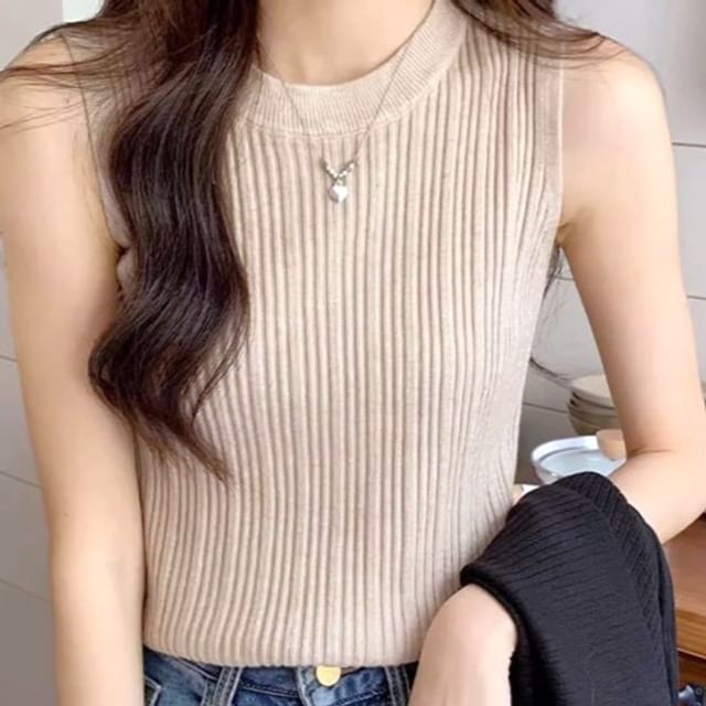 Top Ribbed Knit Plain Neck Tank Crew