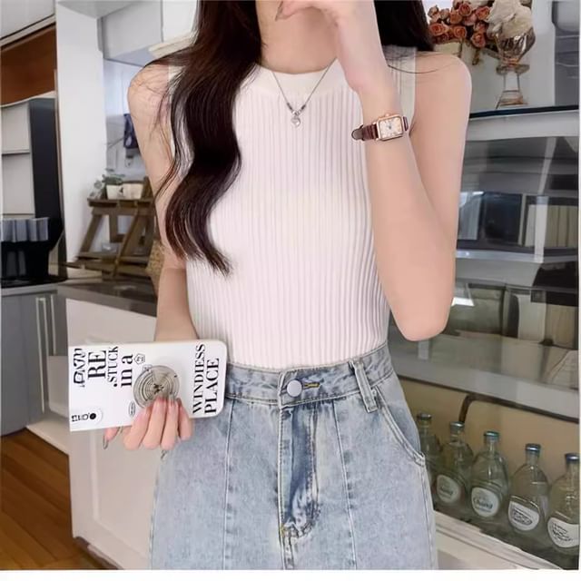Top Ribbed Knit Plain Neck Tank Crew