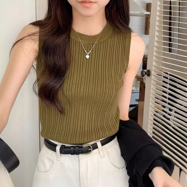Top Ribbed Knit Plain Neck Tank Crew