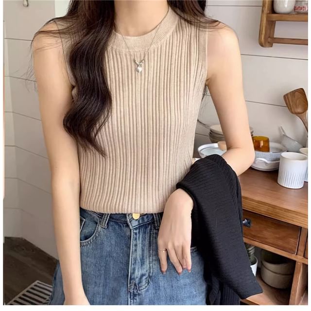 Top Ribbed Knit Plain Neck Tank Crew