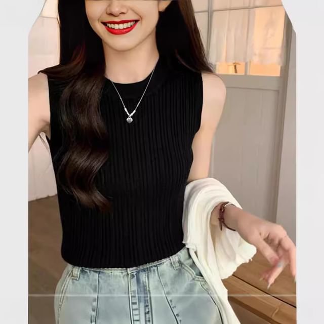 Top Ribbed Knit Plain Neck Tank Crew