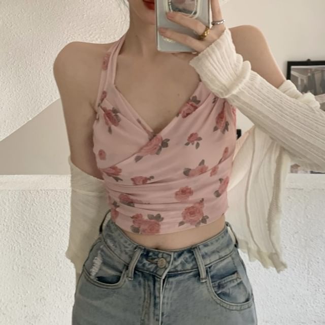 / Floral Print Crop Plain Top Neck Halter Cardigan