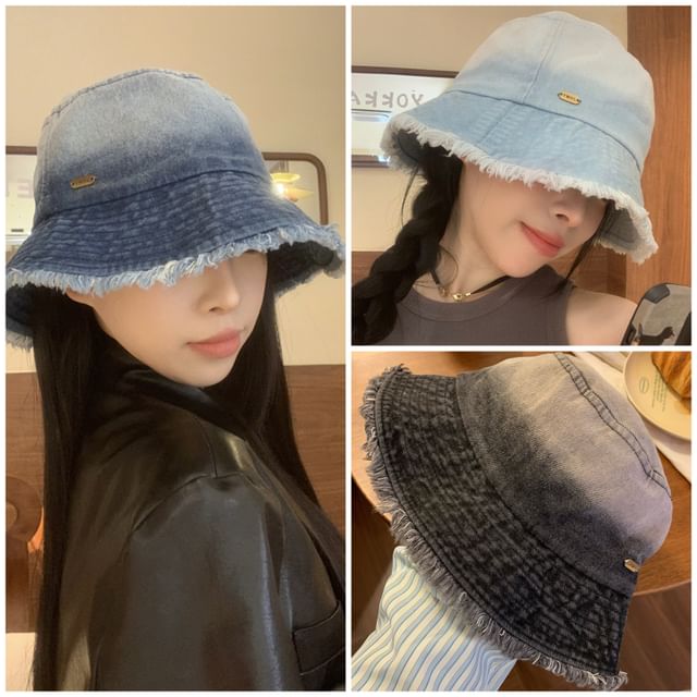 Denim Bucket Hat Washed Frayed Gradient