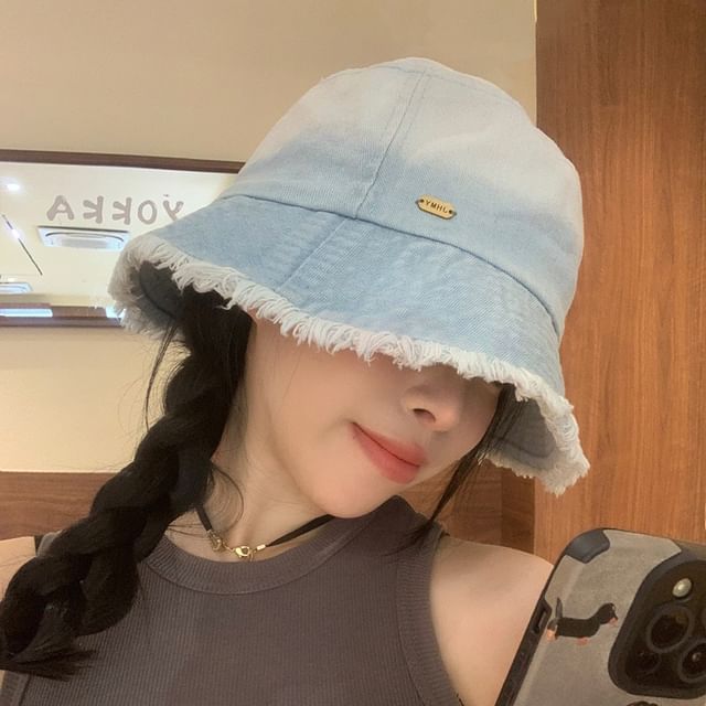 Denim Bucket Hat Washed Frayed Gradient
