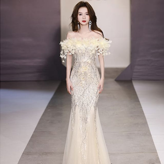 Evening Flower Detail Mermaid Gown Sequin Off-Shoulder