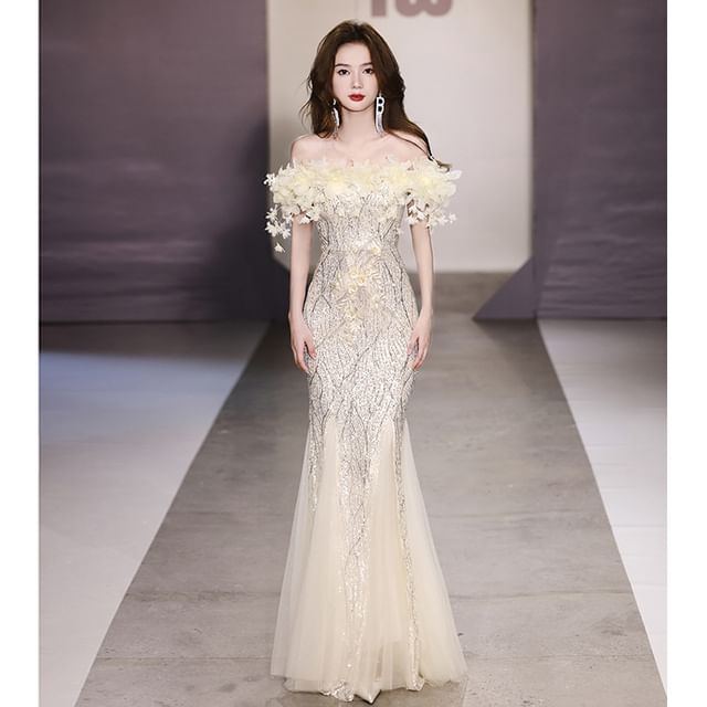 Evening Flower Detail Mermaid Gown Sequin Off-Shoulder