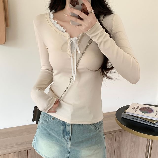 Long-Sleeve Notch Neck Plain T-Shirt