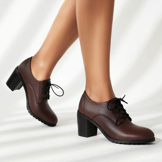Heel Lace-Up Faux Pumps Chunky Leather Plain