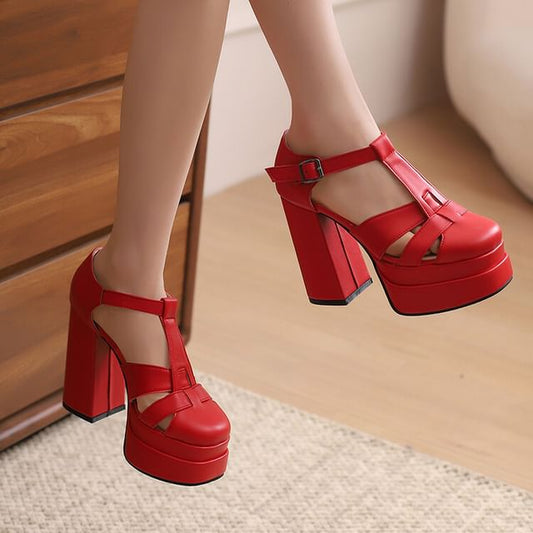 Sandals Faux Chunky Plain Leather Heel Buckled