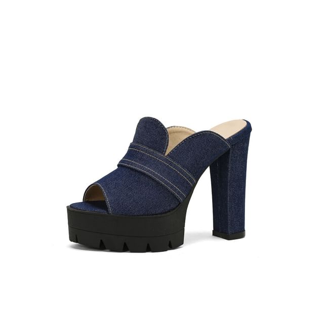 Denim Sandals Heel Washed Chunky