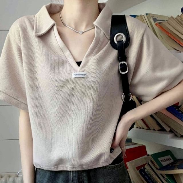 V-Neck Drawstring Polo Short-Sleeve Hem Shirt Applique