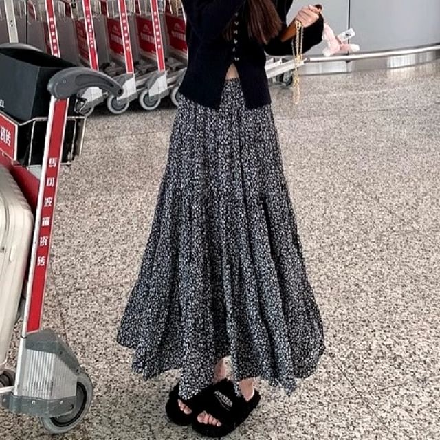 Midi Floral Elastic Skirt Waist A-Line