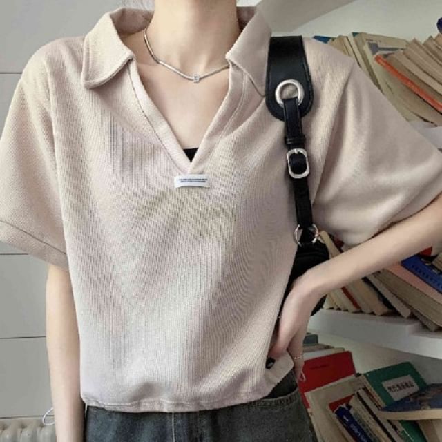 V-Neck Drawstring Polo Short-Sleeve Hem Shirt Applique