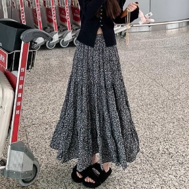 Midi Floral Elastic Skirt Waist A-Line