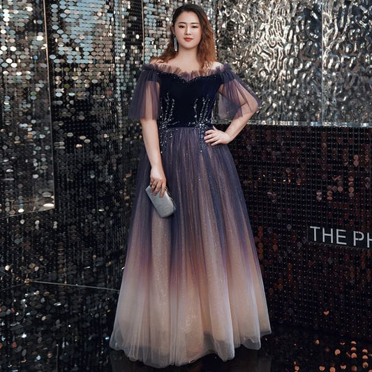 Plus Size Short-Sleeve Off-Shoulder Gradient Sequin A-Line Evening Gown