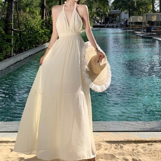 Halter Dress Plain A-Line V-Neck Maxi