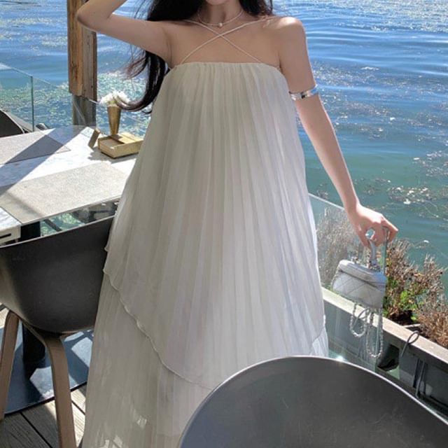 Midi Spaghetti Strap Pleated Plain Dress