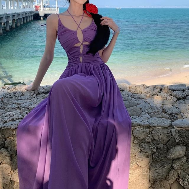 Strap Neck Scoop Plain Dress Spaghetti Maxi A-Line