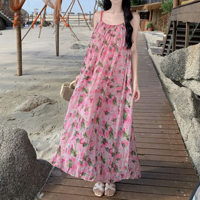 Maxi Spaghetti Dress A-Line Floral Strap Neck Scoop