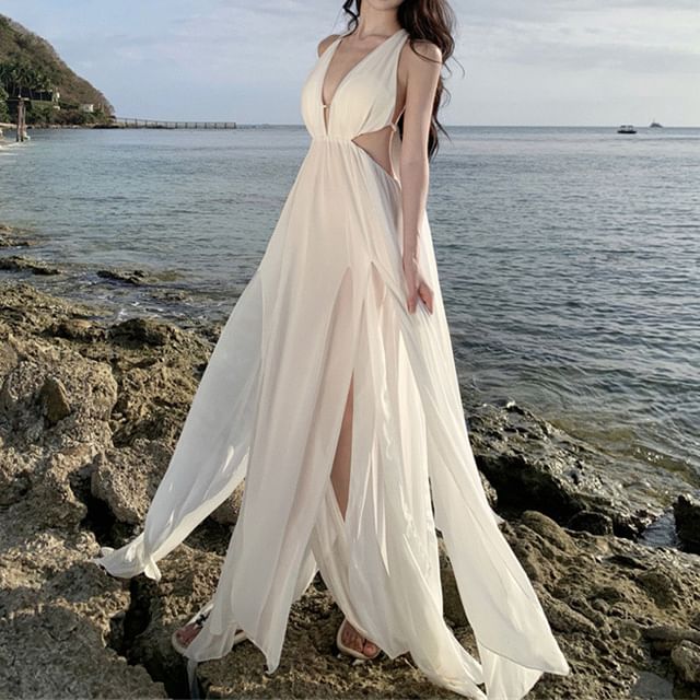 Plain Maxi V-Neck A-Line Sleeveless Dress