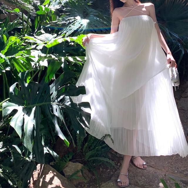 Midi Spaghetti Strap Pleated Plain Dress