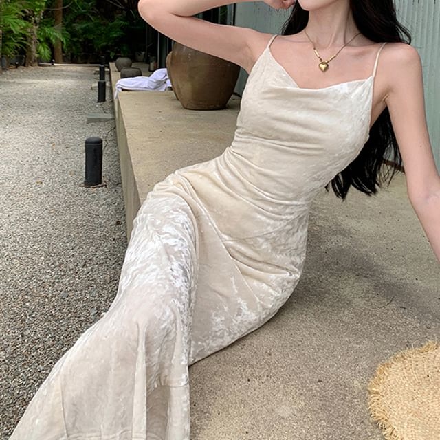 Maxi Strap Dress Plain Cowl Neck Spaghetti Mermaid