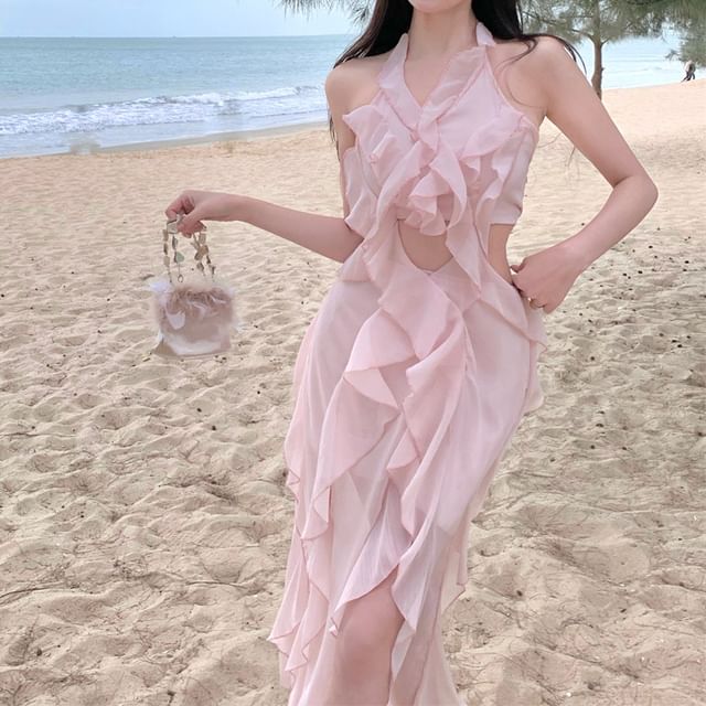 Dress Mini Ruffle Plain Neck Trim Cutout A-Line Halter