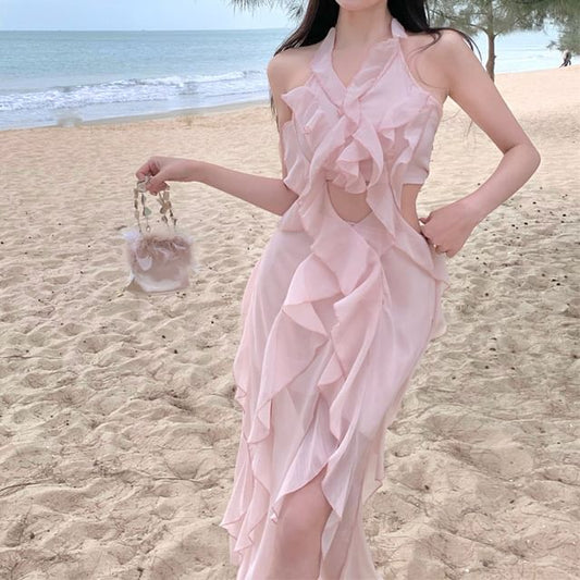 Dress Mini Ruffle Plain Neck Trim Cutout A-Line Halter