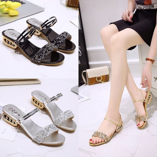 Sequin Heel Low Sandals
