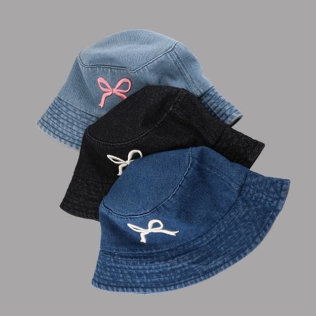 Denim Bucket Embroidered Bow Hat