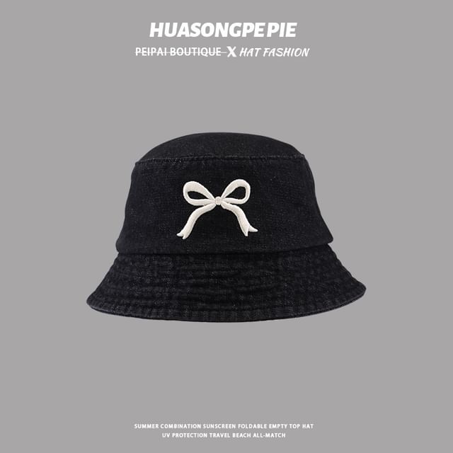 Denim Bucket Embroidered Bow Hat