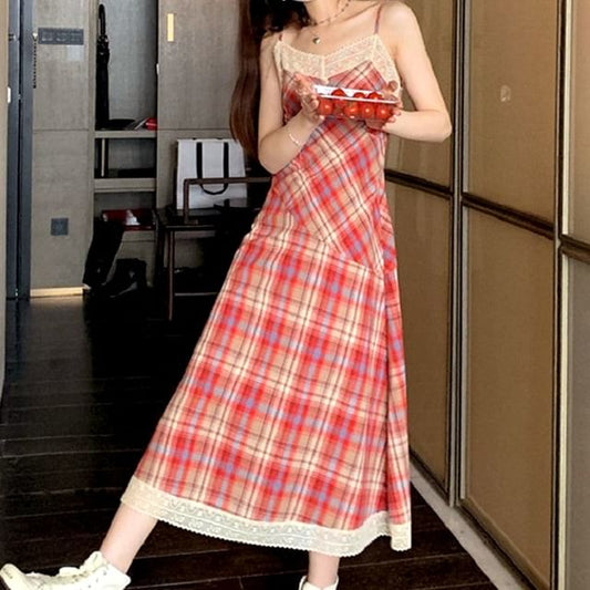 Strap Spaghetti Trim Plaid Dress A-Line Midi Lace