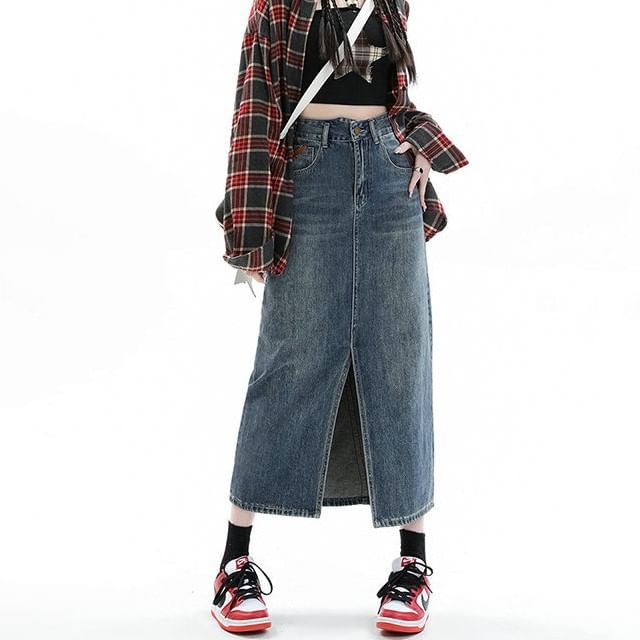 Midi Rise Denim Washed Skirt Slit High Pencil