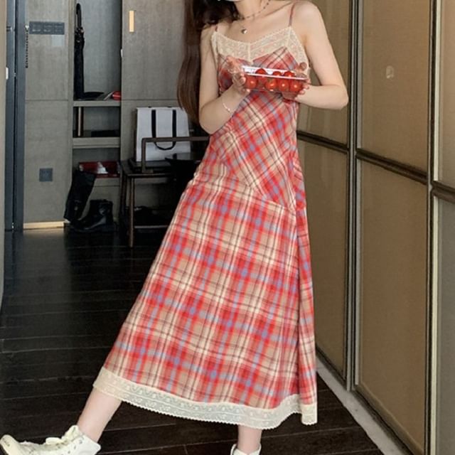 Strap Spaghetti Trim Plaid Dress A-Line Midi Lace