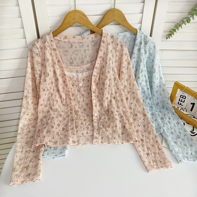 Set: Camisole-Top mit U-Ausschnitt und Blumenmuster + Strickjacke