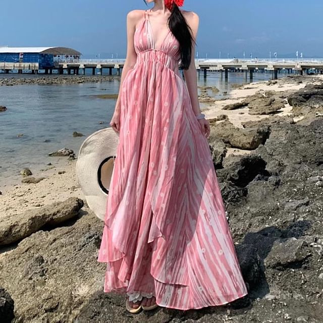 Spaghetti Strap V-Neck Maxi A-Line Dress Patterned