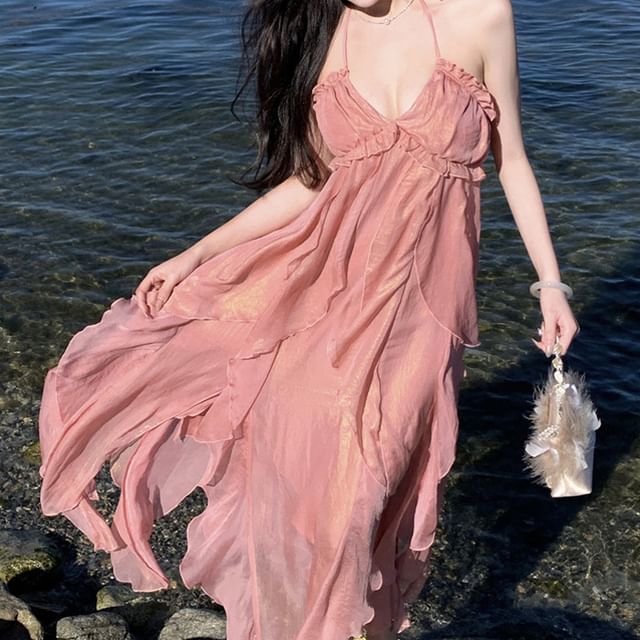 V-Neck Plain Maxi Trim Ruffle Dress A-Line Halter