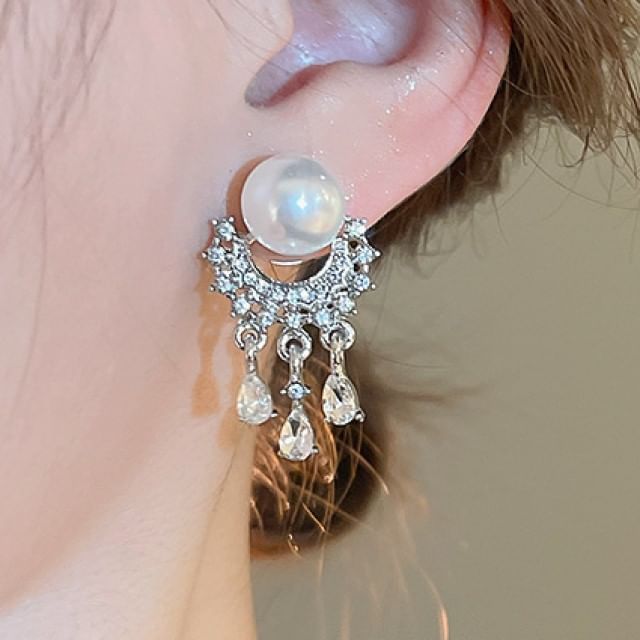 Pearl Drop Faux Fringed Earring Rhinestone